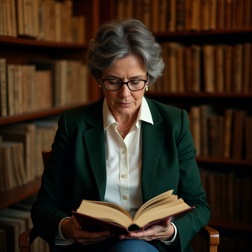 Anna Wiśniewska, badaczka historii kulinarnej, przeglądająca stare księgi kucharskie w bibliotece