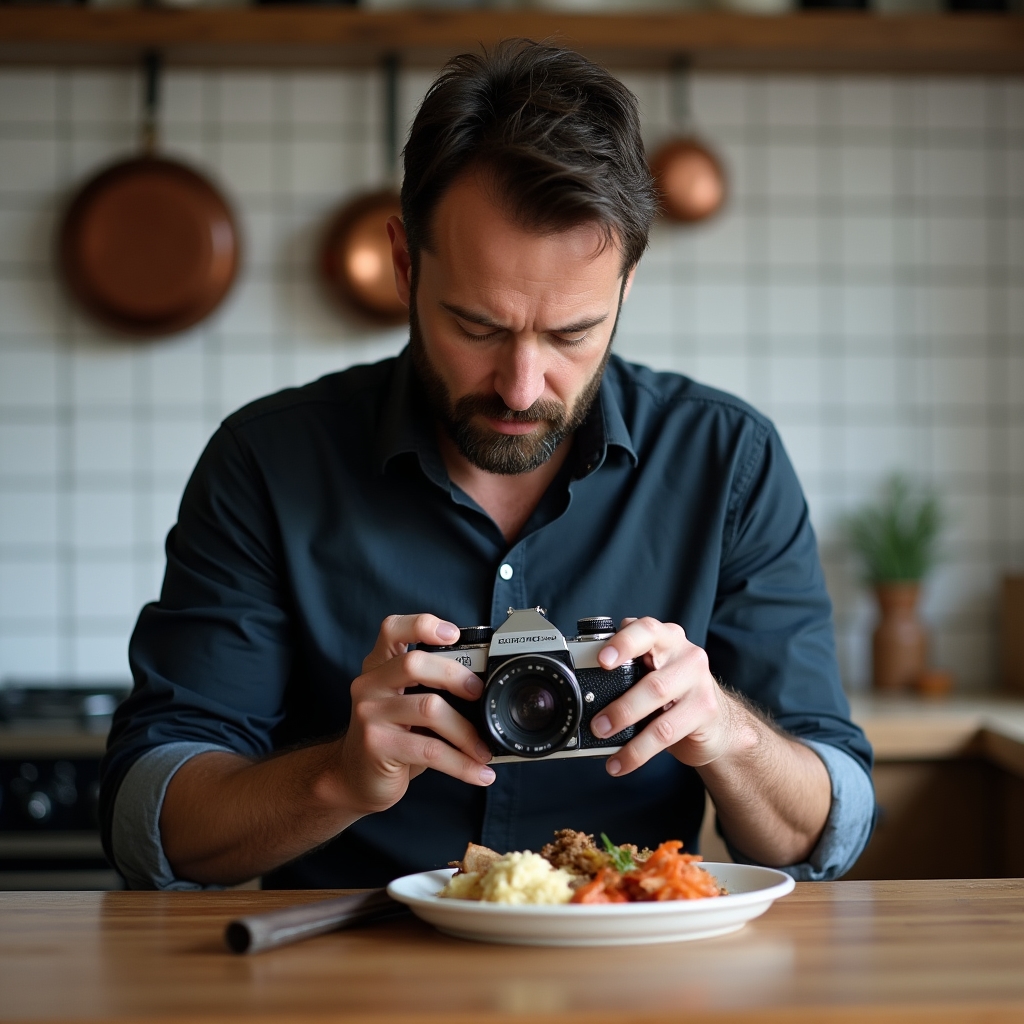 Piotr Nowak, fotograf dokumentalny, z aparatem w kuchni podczas sesji zdjęciowej potraw